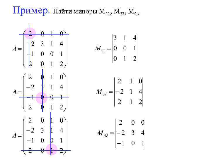 Пример. Найти миноры M 11, M 32, M 43 