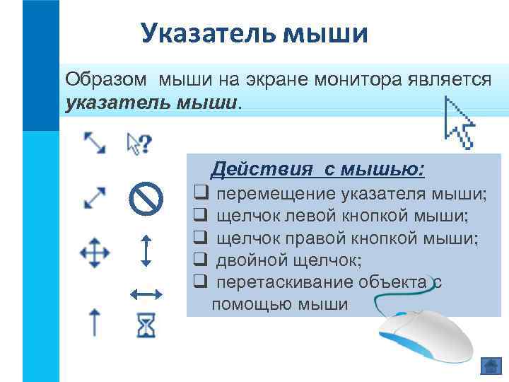 Указатель мыши Образом мыши на экране монитора является указатель мыши. Действия с мышью: q