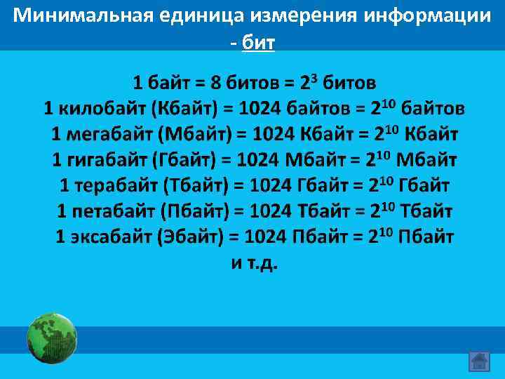 Минимальная единица измерения информации - бит 