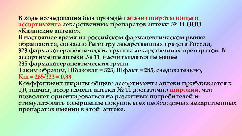 В ходе исследования был проведён анализ широты общего ассортимента лекарственных препаратов аптеки № 11