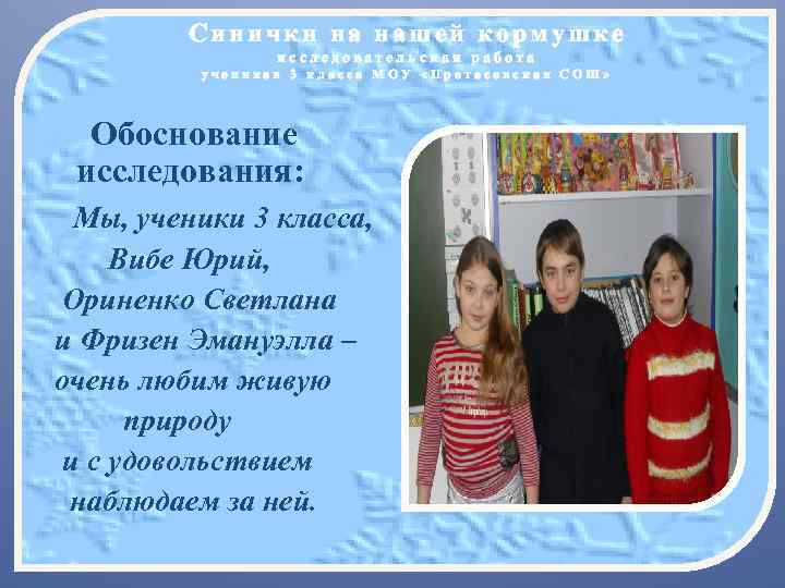 Синички на нашей кормушке исследовательская работа учеников 3 класса МОУ «Протасовская СОШ» Обоснование исследования: