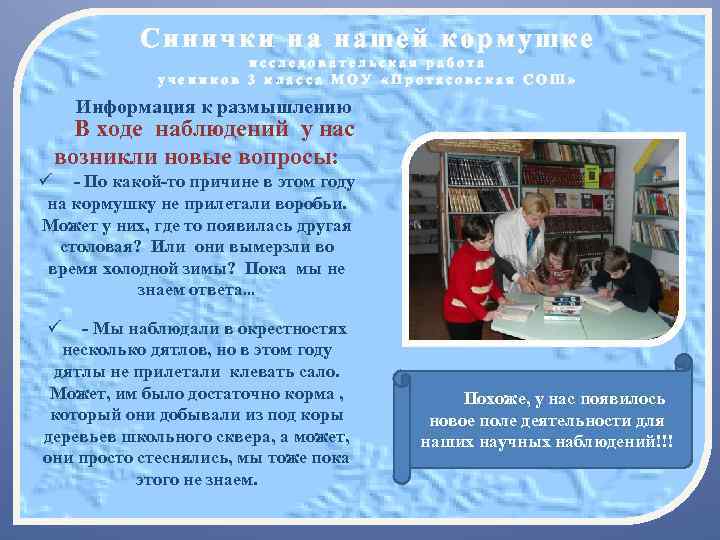 Синички на нашей кормушке исследовательская работа учеников 3 класса МОУ «Протасовская СОШ» Информация к