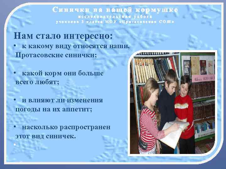 Синички на нашей кормушке исследовательская работа учеников 3 класса МОУ «Протасовская СОШ» Нам стало