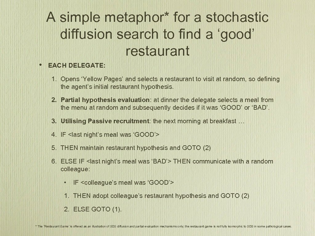 A simple metaphor* for a stochastic diffusion search to find a ‘good’ restaurant •