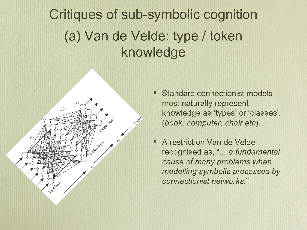 Critiques of sub-symbolic cognition (a) Van de Velde: type / token knowledge • Standard