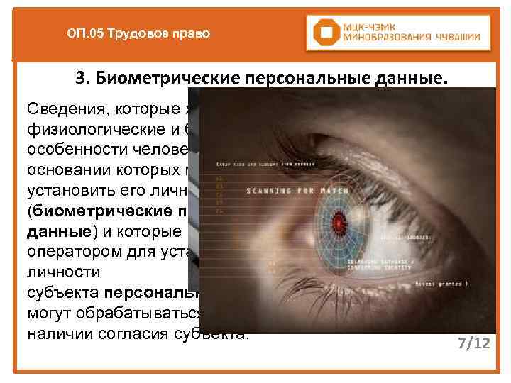 ОП. 05 Трудовое право 3. Биометрические персональные данные. Сведения, которые характеризуют физиологические и биологические