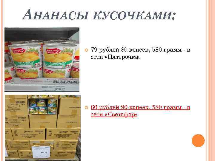 АНАНАСЫ КУСОЧКАМИ: 79 рублей 80 копеек, 580 грамм - в сети «Пятерочка» 60 рублей