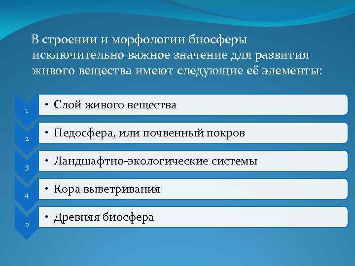  В строении и морфологии биосферы исключительно важное значение для развития живого вещества имеют