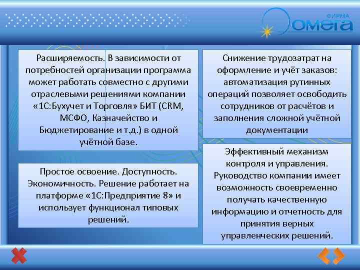Расширяемость. В зависимости от потребностей организации программа может работать совместно с другими отраслевыми решениями