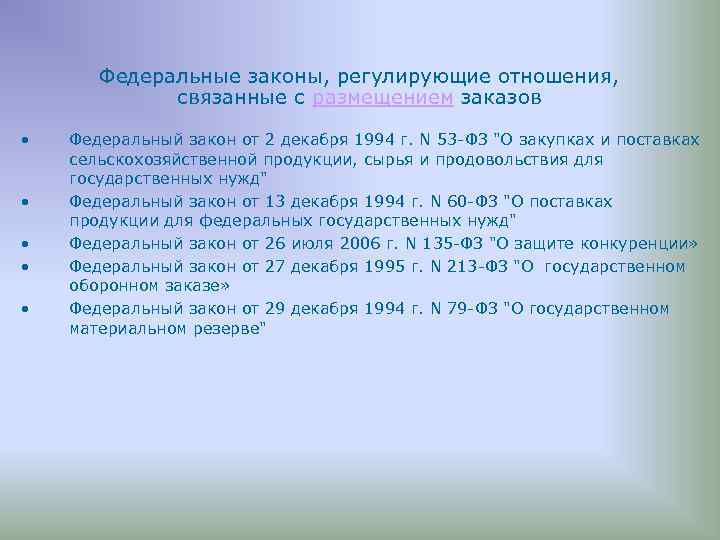 Федеральные законы, регулирующие отношения, связанные с размещением заказов • • • Федеральный закон от
