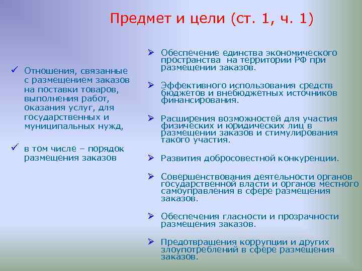 Предмет и цели (ст. 1, ч. 1) Ø Обеспечение единства экономического ü Отношения, связанные