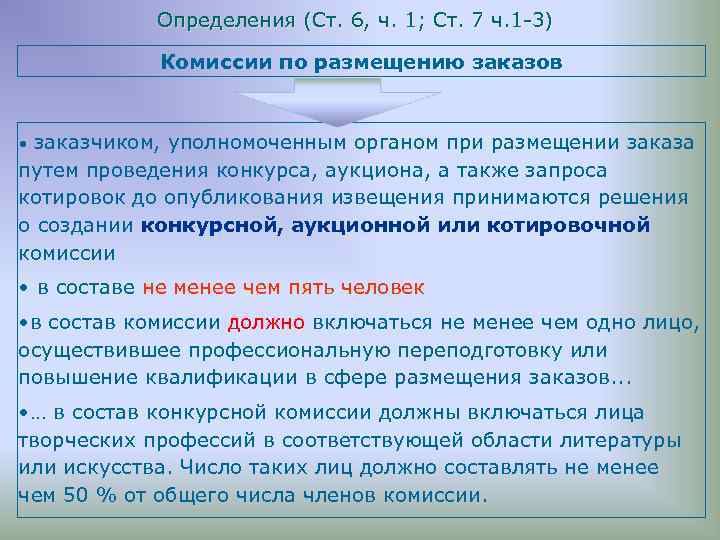 Определения (Ст. 6, ч. 1; Ст. 7 ч. 1 -3) Комиссии по размещению заказов