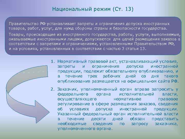 Национальный режим (Ст. 13) Правительство РФ устанавливает запреты и ограничения допуска иностранных товаров, работ,
