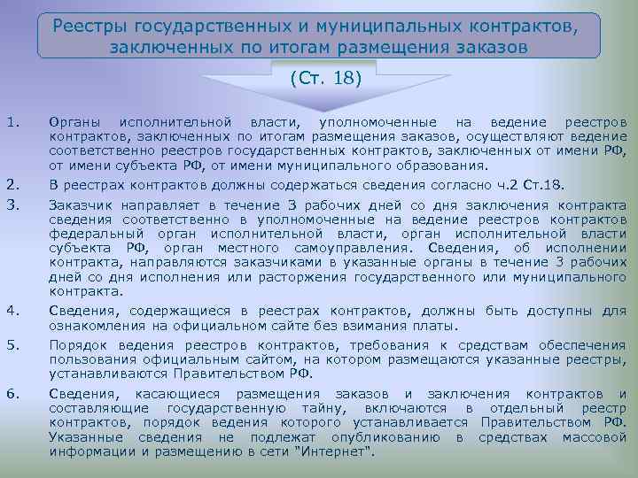 Реестры государственных и муниципальных контрактов, заключенных по итогам размещения заказов (Ст. 18) 1. 2.