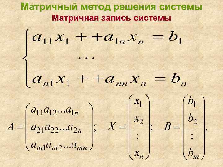 Матричный метод решения системы Матричная запись системы 