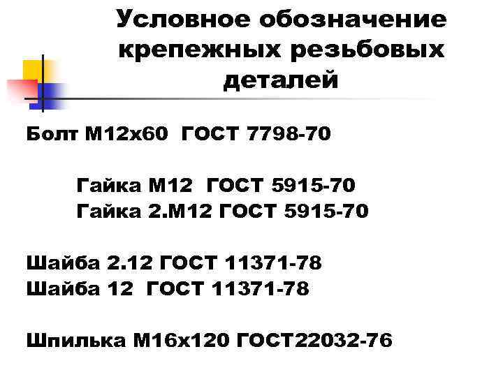Условное обозначение крепежных резьбовых деталей Болт М 12 х60 ГОСТ 7798 -70 Гайка М
