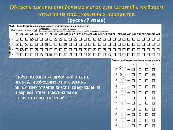 Область замены ошибочных меток для заданий с выбором ответов из предложенных вариантов (русский язык)