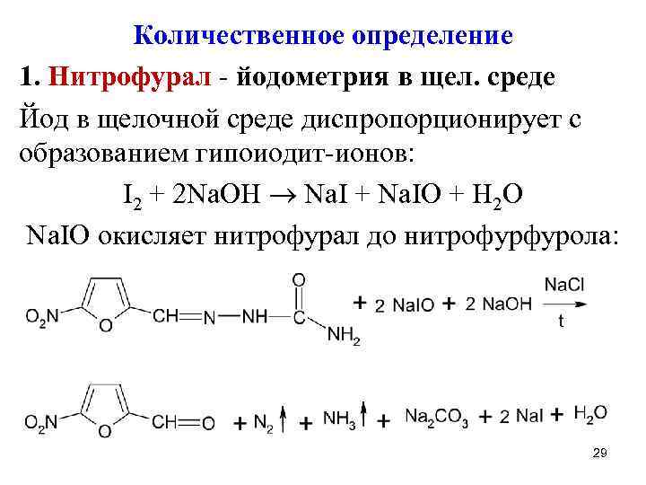 Количественное определение 1. Нитрофурал - йодометрия в щел. среде Йод в щелочной среде диспропорционирует