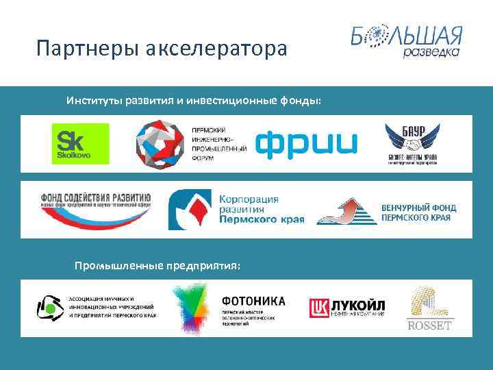  Партнеры акселератора Институты развития и инвестиционные фонды: Промышленные предприятия: 