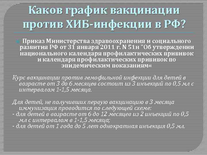 Каков график вакцинации против ХИБ-инфекции в РФ? Приказ Министерства здравоохранения и социального развития РФ