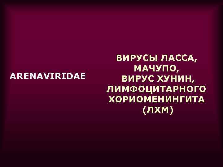 ARENAVIRIDAE ВИРУСЫ ЛАССА, МАЧУПО, ВИРУС ХУНИН, ЛИМФОЦИТАРНОГО ХОРИОМЕНИНГИТА (ЛХМ) 