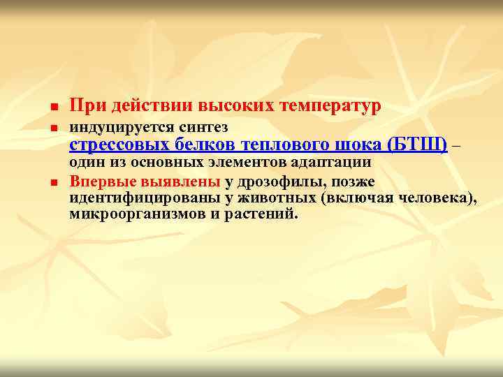 n При действии высоких температур n индуцируется синтез n один из основных элементов адаптации