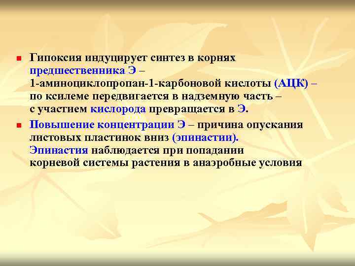 n n Гипоксия индуцирует синтез в корнях предшественника Э – 1 -аминоциклопропан-1 -карбоновой кислоты