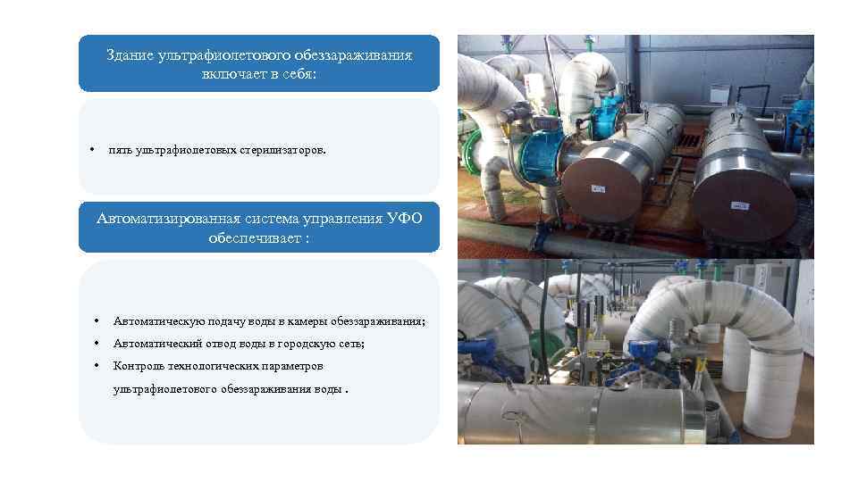 Здание ультрафиолетового обеззараживания включает в себя: • пять ультрафиолетовых стерилизаторов. Автоматизированная система управления УФО