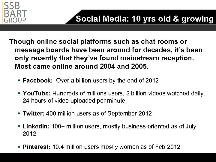 Social Media: 10 yrs old & growing Though online social platforms such as chat