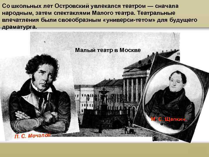 Со школьных лет Островский увлекался театром — сначала народным, затем спектаклями Малого театра. Театральные