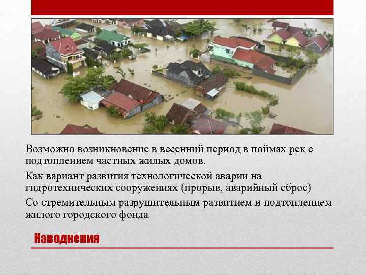 Возможно возникновение в весенний период в поймах рек с подтоплением частных жилых домов. Как