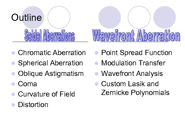 Outline l l l Chromatic Aberration Spherical Aberration Oblique Astigmatism Coma Curvature of Field