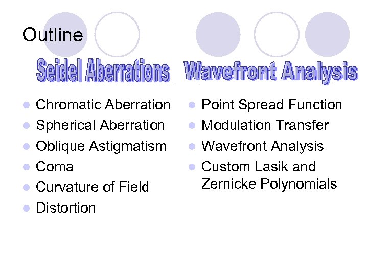 Outline l l l Chromatic Aberration Spherical Aberration Oblique Astigmatism Coma Curvature of Field