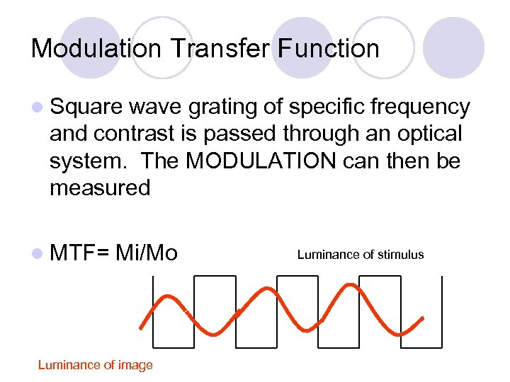 Modulation Transfer Function l Square wave grating of specific frequency and contrast is passed