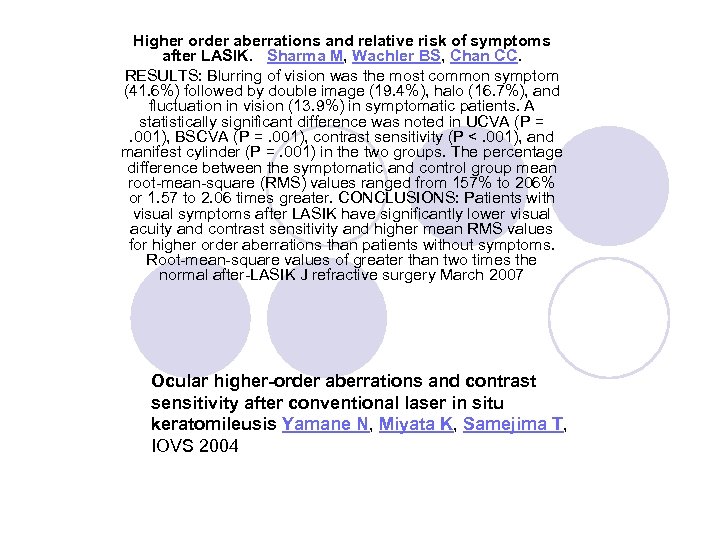 Higher order aberrations and relative risk of symptoms after LASIK. Sharma M, Wachler BS,