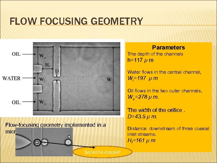 FLOW FOCUSING GEOMETRY Parameters The depth of the channels h=117 μ m Water flows