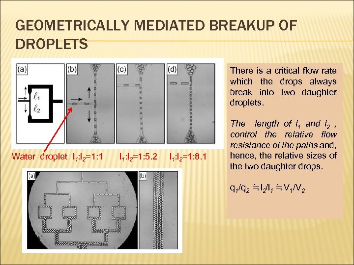 GEOMETRICALLY MEDIATED BREAKUP OF DROPLETS There is a critical flow rate which the drops