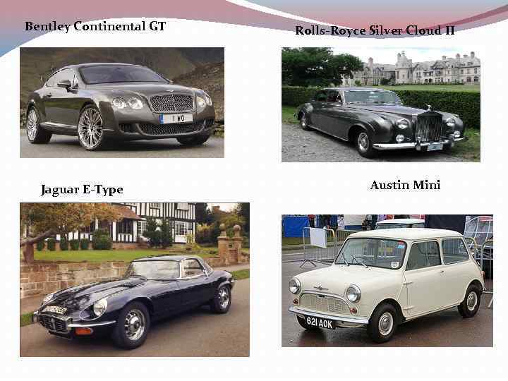 Bentley Continental GT Jaguar E-Type Rolls-Royce Silver Cloud II Austin Mini 