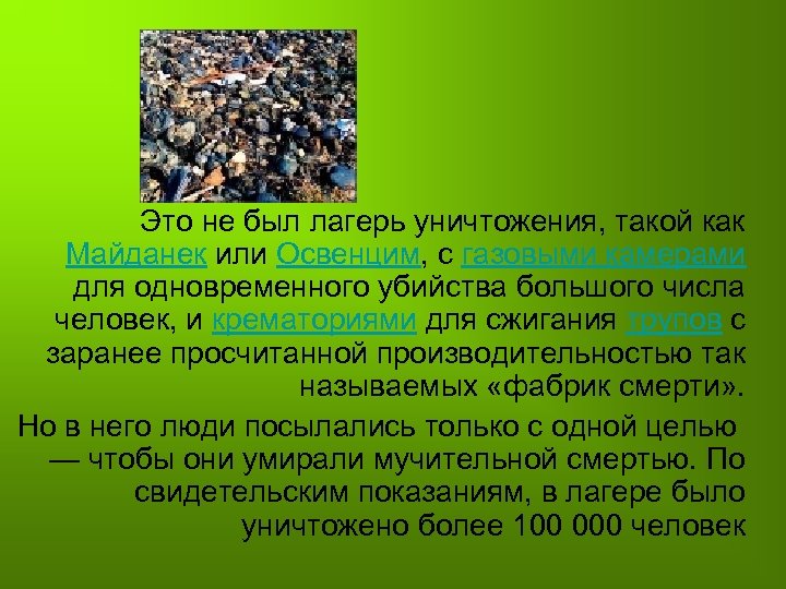 Это не был лагерь уничтожения, такой как Майданек или Освенцим, с газовыми камерами для