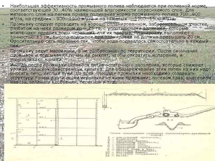  • • Наибольшая эффективность промывного полива наблюдается при поливной норме, соответствующей 30… 40%