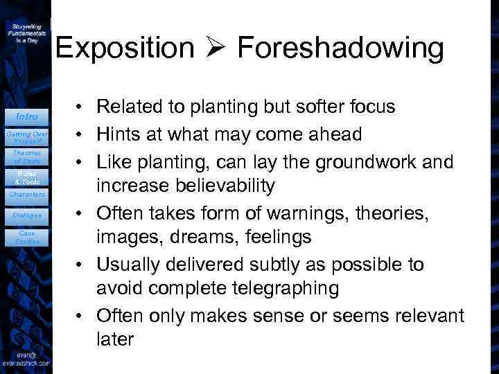 Exposition Foreshadowing Intro Getting Over Yourself Theories of Story Rules & Tools Characters Dialogue