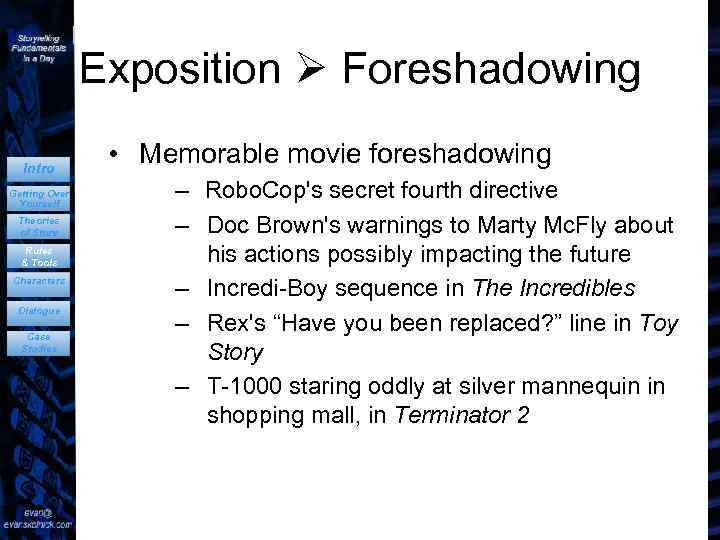 Exposition Foreshadowing Intro Getting Over Yourself Theories of Story Rules & Tools Characters Dialogue