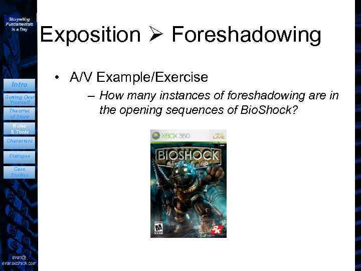 Exposition Foreshadowing Intro Getting Over Yourself Theories of Story Rules & Tools Characters Dialogue