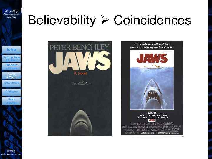 Believability Coincidences Intro Getting Over Yourself Theories of Story Rules & Tools Characters Dialogue
