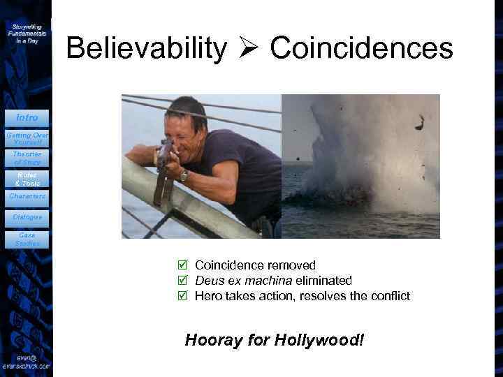 Believability Coincidences Intro Getting Over Yourself Theories of Story Rules & Tools Characters Dialogue