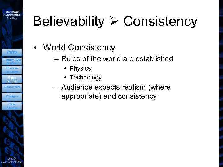 Believability Consistency Intro Getting Over Yourself Theories of Story Rules & Tools Characters Dialogue