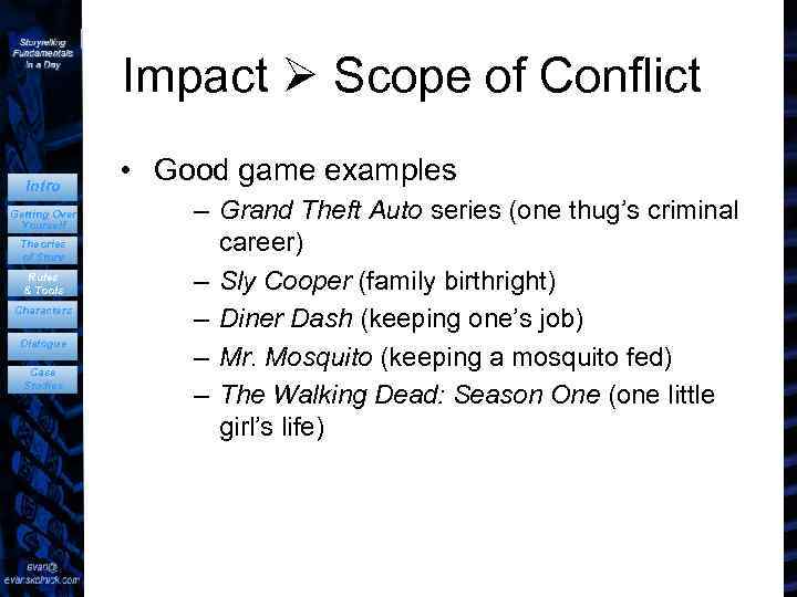 Impact Scope of Conflict Intro Getting Over Yourself Theories of Story Rules & Tools