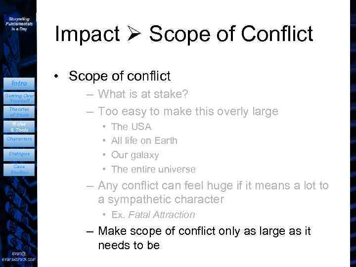 Impact Scope of Conflict Intro Getting Over Yourself Theories of Story Rules & Tools