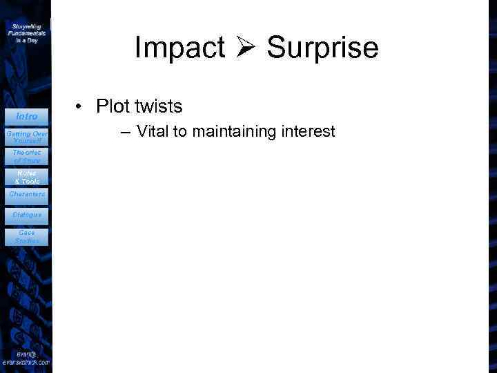 Impact Surprise Intro Getting Over Yourself Theories of Story Rules & Tools Characters Dialogue