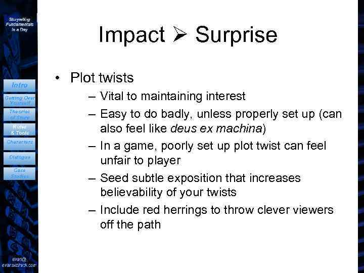 Impact Surprise Intro Getting Over Yourself Theories of Story Rules & Tools Characters Dialogue
